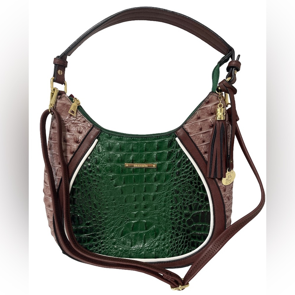 Brahmin Croc Embossed Leather HoboShoulder Bag Colorblock Green Brown